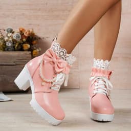 Women Chunky Heel Lace Up Booties Kawaii Shoes with Bow,Lolita Boots for Women Cosplay Shoes Platform Sweet Ankle Boots - Thumbnail 3