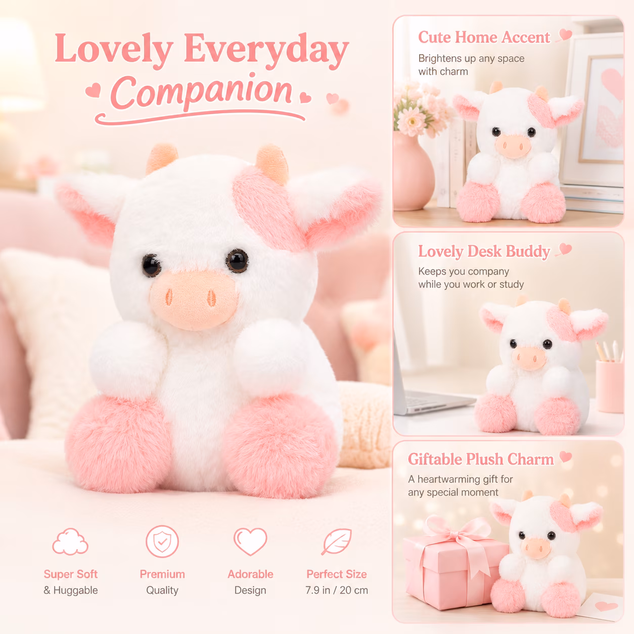 Strawberry Cow Plush Doll - Cute Stuffed Animal Toy, Soft Cuddly Cow Plushie, Durable Family Stuffed Toy, Perfect Holiday Birthday Gift for Easter - Thumbnail 6
