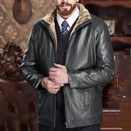 Jackets for Men Motorcycle Coats Zipper Pocket Leather Solid ColorLong Sleeved Jacket,Top for Men Black - Thumbnail 5
