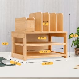 Enogets Bamboo Desk Organizer with File Holder & Adjustable Pen Holding, 3-Tier Desktop Letter Paper Tray Storage - Thumbnail 5