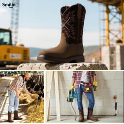 SMILIN Men's Steel Toe Work Boots, Square Toe Waterproof Cowboy Boots for Men, Brown, US Size 9.5 - Thumbnail 8