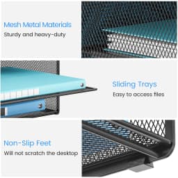 Marbrasse Mesh Metal Desk Organizer with Sliding Trays, Multi - Compartment Desktop File Organizer for Office Supplies, Documents, Folders, Black - Thumbnail 2