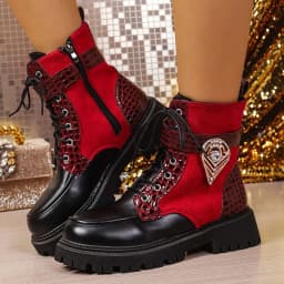 Womens Platform Boots Round Toe Chunky Ankle Boots Punk Boots Lace Up&Zipper Combat Boots with Beautiful Decor - Thumbnail 6