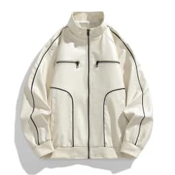 Maoxin Leather Jacket Men Man Streak Solid Color Pockets Zipper Lapel Leather Coat Plus Size Leather Jackets for Men White L - Thumbnail 1