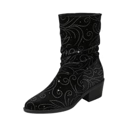 Willtoo Women Mid Calf Boots, Rhinestone Pointed Toe Comfortable Booties, Faux Suede Pull On Chunky Heel Fashion Boots for Party & Daily Wear - Thumbnail 3