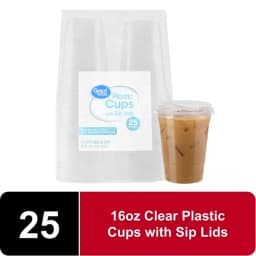 Great Value Disposable Plastic Cups and Lids, Clear, 16 oz, 25 Count, (Cup and Lid Combo) - Thumbnail 1