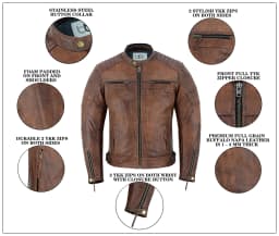 Men's Motorbike Leather Jacket Distress Zip Up Motorcycle Protection Jackets Antique Brown-38 - Thumbnail 6