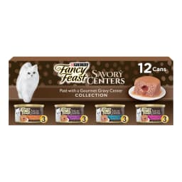Purina Fancy Feast Savory Centers Wet Cat Food Pate Variety Pack With Chicken, Salmon, Beef, and Tuna Pate with Gravy Center, 3 oz Cans, 12 Pack - Thumbnail 1