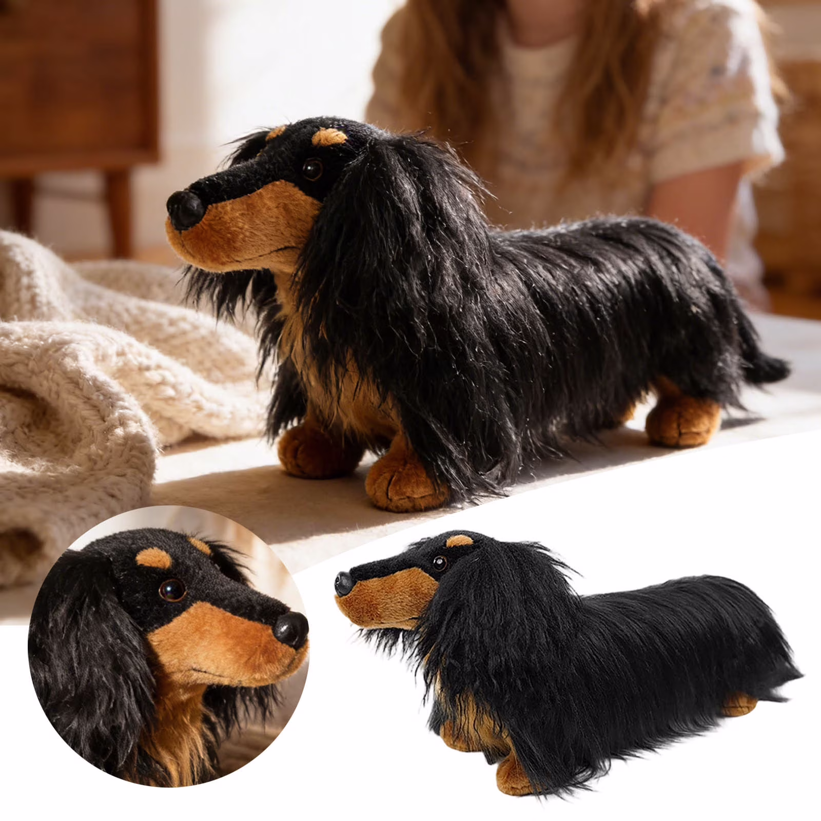 Realistic Dachshund Plush Toy 42cm, Lifelike Long Haired Stuffed Animal Dog with Soft Cuddly , Home Decor Gift for Pet Lovers - Thumbnail 1