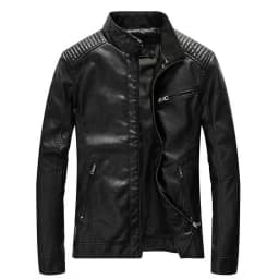 USNSM Men's Stand Collar Leather Jacket Coat Motorcycle Lightweight Casual Solid Color Zipper Pocket Faux Leather Outwear Black XL - Thumbnail 1