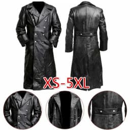 Men's Long Leather Jacket Fall And Winter Leather Jacket Solid Color Long-sleeved Motorcycle Slim Leather Jacket - Thumbnail 5