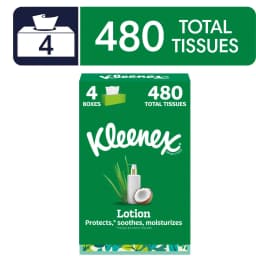 Kleenex Lotion with Coconut Oil 3-Ply Flat Box Facial Tissues, 4 Pack (480 Total Tissues) - Thumbnail 1