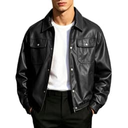 LEKWK Faux Leather Jacket Men Button Down Shiny Big and Tall Bomber Jacket Long Sleeve Vintage Casual Fall Fashion Moto Biker Outerwear Black L - Thumbnail 2