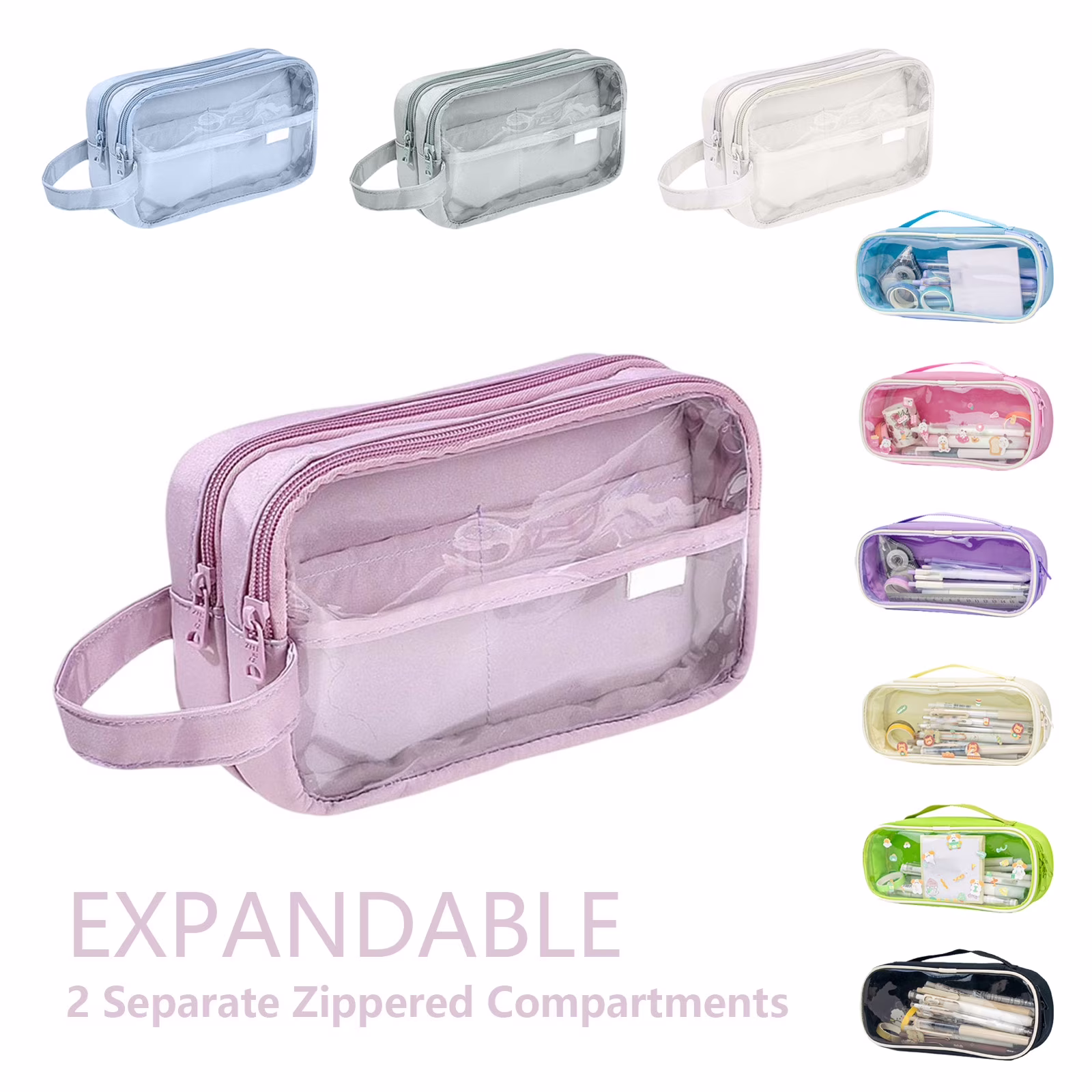 Dmlowu Pencil Pouch, 2 Separate Zippered Compartments Waterproof Pencil Case, Large Capacity Clear Bag for Pens Markers Tape Journal Supplies Badges - Thumbnail 1