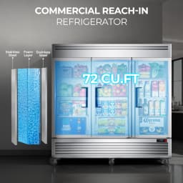 Coolake 82" Width Commercial Refrigerator 3 Solid Doors, 72 Cu.ft Stainless Steel Reach-in Upright Fridge with LED Lighting, Fan Cooling Refrigerator - Thumbnail 4