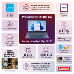 Lenovo IdeaPad Slim 3i 15.6" Laptop, Intel Core i3-N305, 8GB, 256 SSD, 82XB00BMUS - Thumbnail 2