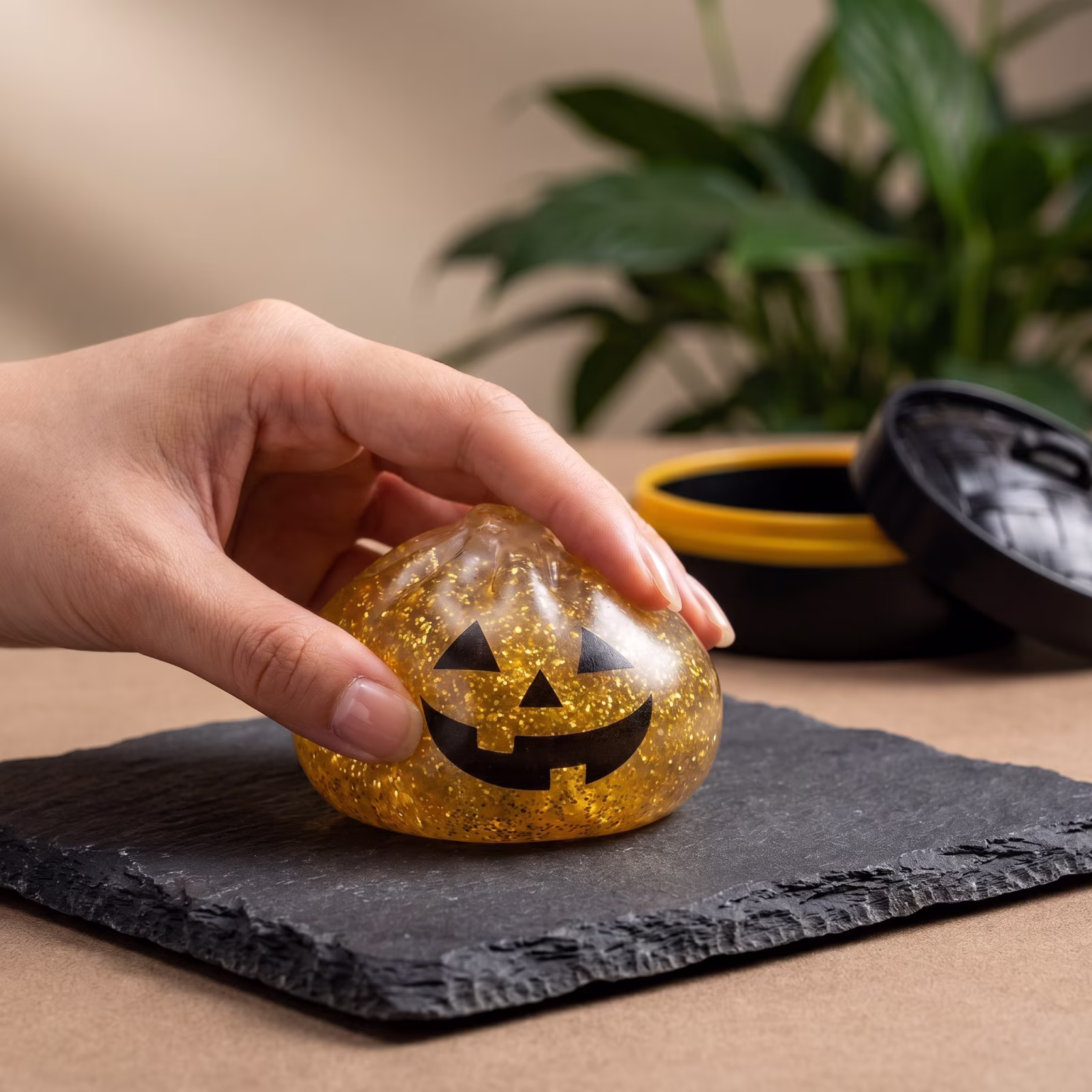 Halloween Pumpkin Squishy Toy, Black Glow in Dark Stress Relief Ball, Sensory Fidget Toy with Sparkle, Jack O'Lantern Face Design, Goodie Bag Gift - Thumbnail 4