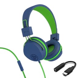 JLab JBuddies Studio On-Ear Wired Kids Headphones 2-in-1 Bundles, 3.5mm Plus USB-C Adapter, Volume Safe, Folding, Blue/Green - Thumbnail 1
