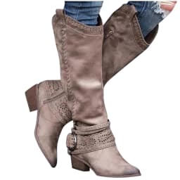 Miluxas Women's Cowboy Boots Mid Calf Cowgirl Boots Embroidery Stitched Square Toe Western Boots Beige 5.5(36) - Thumbnail 4