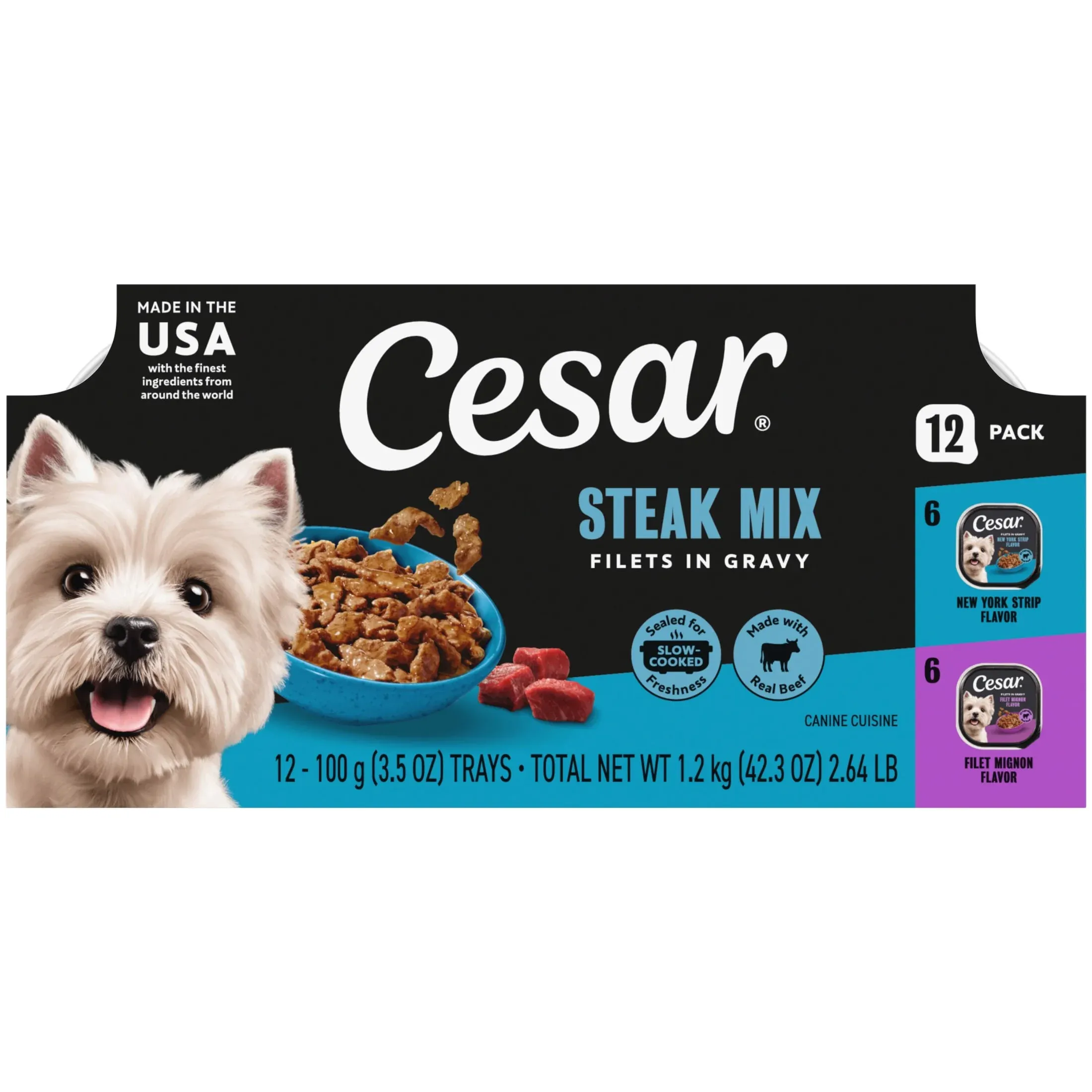 Cesar Filets in Gravy Beef Flavor Variety Pack Wet Dog Food Adult, 3.5 oz Easy Peel Trays, 12 Pack