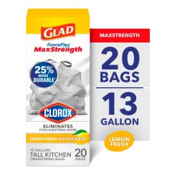 Glad ForceFlex MaxStrength 13-Gallon Drawstring Tall Kitchen Bags, Lemon Fresh Bleach Scent, 20 Bags - Thumbnail 1