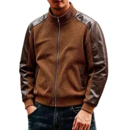 LEKWK Bomber Jacket Men Full Zip Stand Collar Faux Leather Coat with Pockets Vintage Raglan Long Sleeve Fall Casual Moto Biker Outerwear Brown XXL - Thumbnail 2