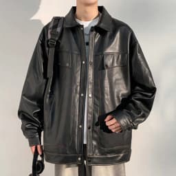 Maoxin Leather Jacket Men Retro Men's Solid Color Snap Pocket Casual Loose Long Sleeved Hooded Leather Jacket Coat Jackets for men Black 2XL - Thumbnail 1