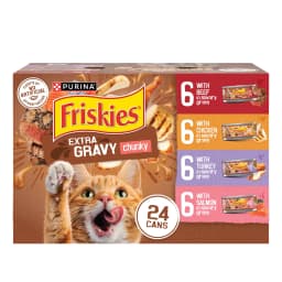 Purina Friskies Extra Gravy Beef, Chicken, Turkey, & Salmon Chunky Wet Cat Food Variety Pack, 5.5 oz Cans (24 Pack) - Thumbnail 1