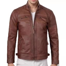 JUUYY Men's Genuine Biker Leather Quilted Shoulders Jacket Cafe Racer Leather Full Zipper Fashion Jackets Brown XXL - Thumbnail 5