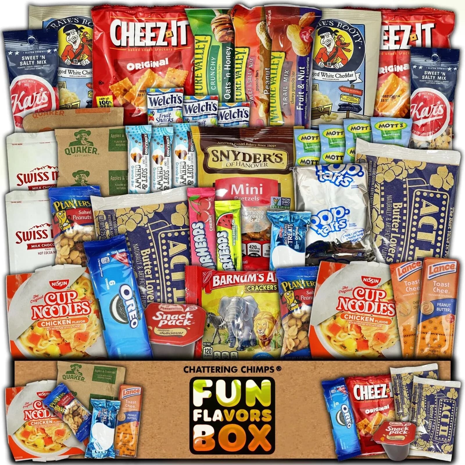 Fun Flavors Box College Essential Snacks Care Package for Student - 40 Snacks Variety Assortment of Chips, Cookies, Soup, Popcorn, Dorm Gift