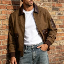 Gamivast Vintage Suede Bomber Jacket for Men Zip up Faux Leather Patchwork Coat Lightweight Casual Outerwear Windbreaker with Pockets for Fall Winter Activewear Brown XXL - Thumbnail 6