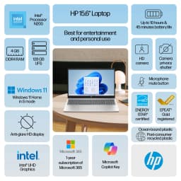 HP 15.6 inch Win 11 Laptop Intel Processor N200 4GB RAM 128GB UFS Silver (12-mo. Microsoft 365 incl.) - Thumbnail 4