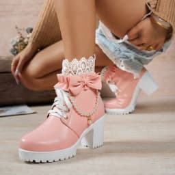 Women Chunky Heel Lace Up Booties Kawaii Shoes with Bow,Lolita Boots for Women Cosplay Shoes Platform Sweet Ankle Boots - Thumbnail 5