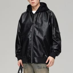 YLSDY Men's Faux Leather Jacket Zipper Hooded Bomber Jacket Loose Fit PU Leather Motorcycle Outwear Large Black M - Thumbnail 9