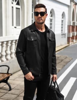 COOFANDY Men's Faux Leather Motorcycle Jacket Casual Lightweight Zip Up Trucker Outerwear with Multiple Pockets - Thumbnail 4