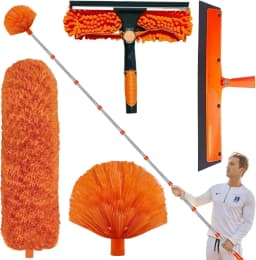 20+ Foot Reach High Ceiling Duster Kit & Window Cleaning Kit | 3-14 ft Telescopic Pole with Window Washer, Squeegee, Cobweb, Fan, and Feather Dusters - Thumbnail 1
