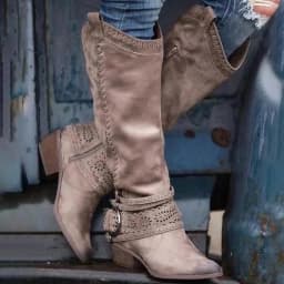Miluxas Women's Cowboy Boots Mid Calf Cowgirl Boots Embroidery Stitched Square Toe Western Boots Beige 5.5(36) - Thumbnail 1