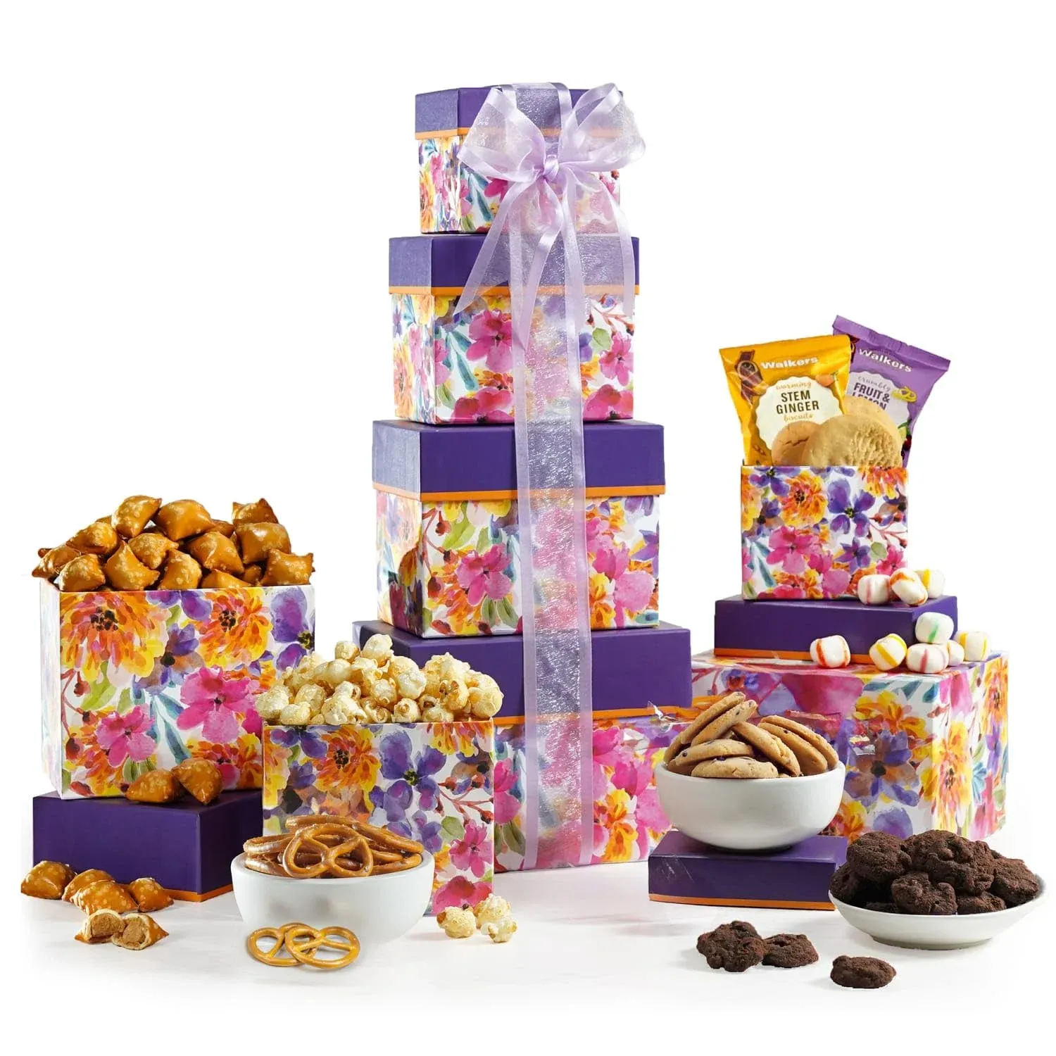 Broadway Basketeers 4 Box Chocolate Food Gift Basket Tower Snack Gifts for Women, Men, Families, College Delivery for Birthday, Appreciation, Thank