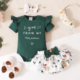 PatPat 3pcs Baby Girl 95% Cotton Short-Sleeve Letter Print Romper & Floral Print Layered Ruffled Shorts & Headband Set,0-18 Month - Thumbnail 3