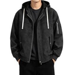 Eryao Men's Zip Up Jacket Fall Winter Vintage Faux Leather Patchwork Hooded Jackets Casual Big and Tall Drawstring Outerwear Coat with Multi Pockets Black,M - Thumbnail 2