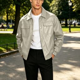 Iyufng Men's Faux Leather Jackets, Collared Button Down Vintage Lightweight Bomber Outerwear with Flap Chest Pockets - Thumbnail 3