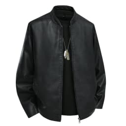 FYEGRE Men's Casual Leather Jacket Modern Stand Collar Lightweight Motorcycle Outerwear Short Style Soft Comfortable Fit For Daily Wear Black XXL - Thumbnail 2