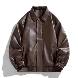 Men Shirts Men's Collared Faux Leather Jacket Zipper Classic Motorcycle Bomber Jacket Lightweight Stylish Slim Fall Jacket - Thumbnail 2