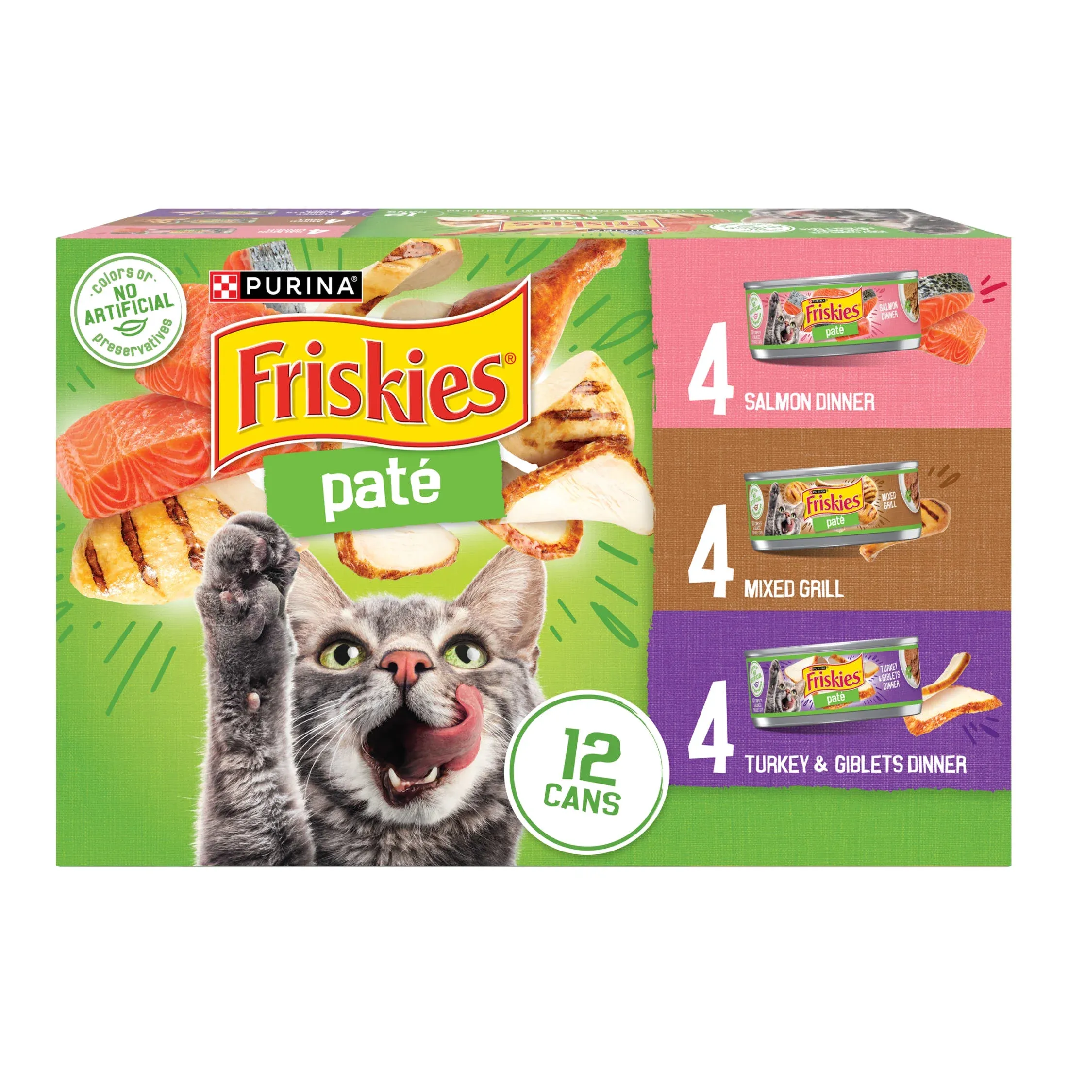 Purina Friskies Wet Cat Food Pate Variety Pack Salmon Dinner, Turkey and Giblets Dinner and Mixed Grill, 5.5 oz