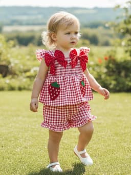 Loicainy Toddler Baby Girl Summer Outfit 6 9 12 18 24 Months 2T 3T Strawberry Embroidered Plaid Bows Ruffled Trim Tank Tops and Shorts 2 Pcs Clothes Set - Thumbnail 3