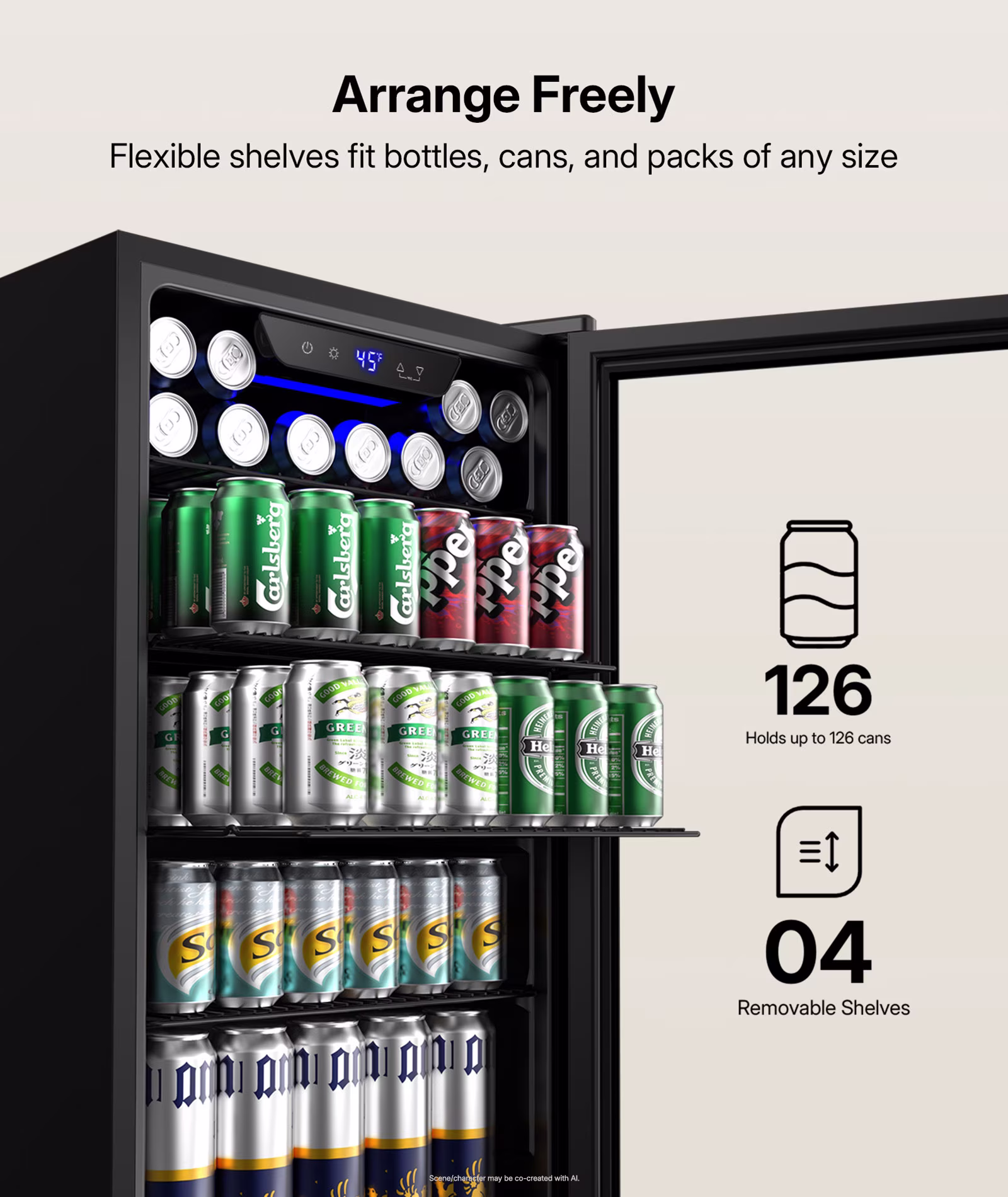 Upstreman 3.2 Cu.ft Beverage Refrigerator, 126 Can Mini Fridge with Glass Door, Wine Cooler Drink Fridge for Soda Wine Beer, Touch Temperature - Thumbnail 3