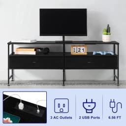 55"L Extended TV Cabinet Industrial TV Cabinet with Fabric for Living Room, Bedroom with Charging Stake Black - Thumbnail 3