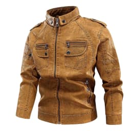 IYTR Men's Fashion Jacket Vintage Leather Jacket Padded Jacket with Pocket Solid Color Long Sleeve Jacket Zipper Stand-up Collar Coat Yellow XXXL - Thumbnail 3
