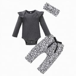 ORT Baby Girl Clothes 3 6 9 12 Months Outfits Long Sleeve Knitted Romper & Daisy Pants Fall Winter 3Pcs Clothes Sets(Grey,6-9 M) - Thumbnail 1