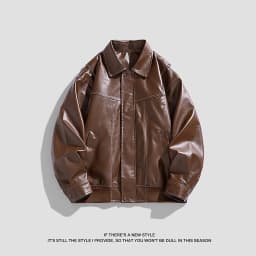 HOOMEUMY Mens Faux Leather Jacket Drop Shoulder Clothes Fashion 2025 Trendy Classic Solid Coat Turndown Collar Design Vintage Retro Biker Streetwear Jacket Casual Workout Brown L - Thumbnail 4